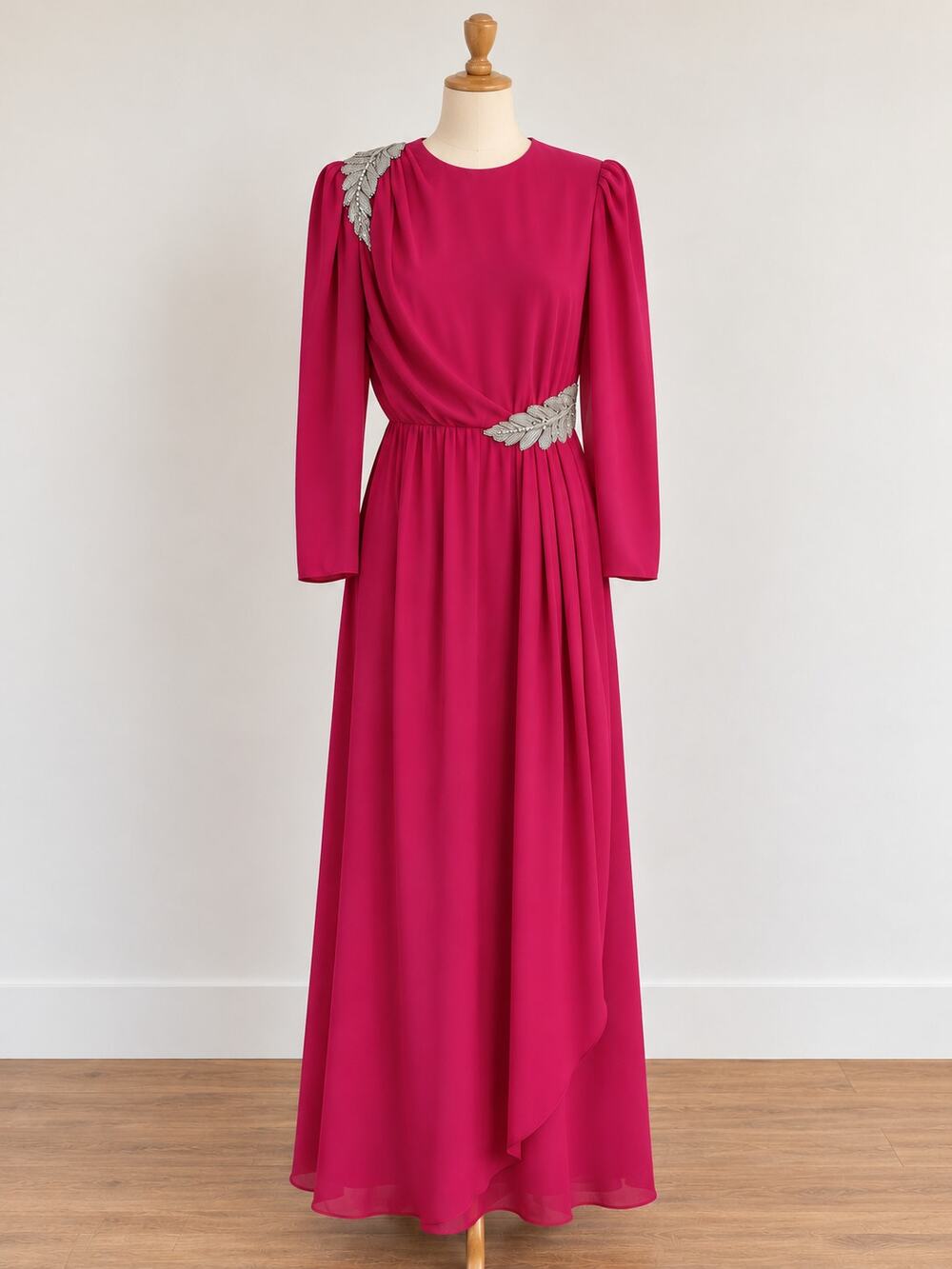 Vintage 70s Miss Elliette Fuchsia Pink Maxi Dress Silver Beaded Evening Gown
